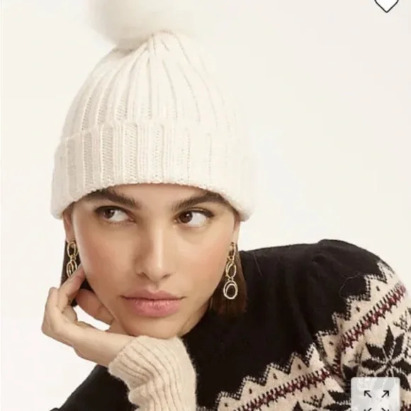 🤍J Crew Ribbed Beanie Winter Hat With Faux-Fur Pom-Pom Ivory BD134 Allen Yarn - Picture 2 of 4